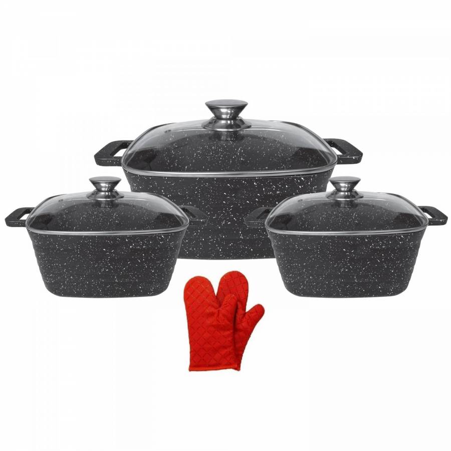Set de 3 Oale cu Capac, Diametru 20/24/28 cm, Inductie, Interior Marmorat, Manere din Silicon, Capac, Negru