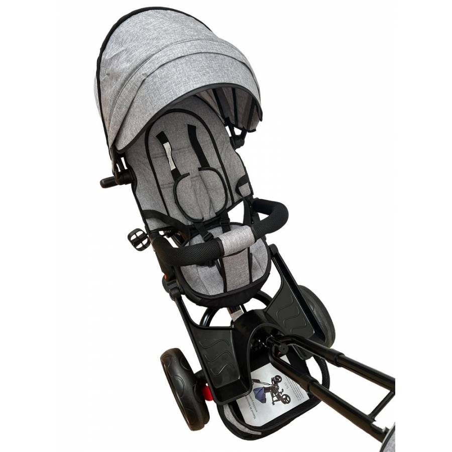 Tricicleta cu scaun reversibil, pozitie de somn, pedale si far cu lumina, gri