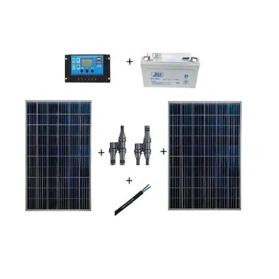 Kit 2 Panouri  Fotovoltaice 100 W Klausstech + Acumulator Solar Pe Gel Jrh 12v 120 Ah + Controler Regulator Solar 30 A + 10 M Cablu 2 X 2.5 Mm+ Adaptor Solar Mc4 X2 Set 2buc
