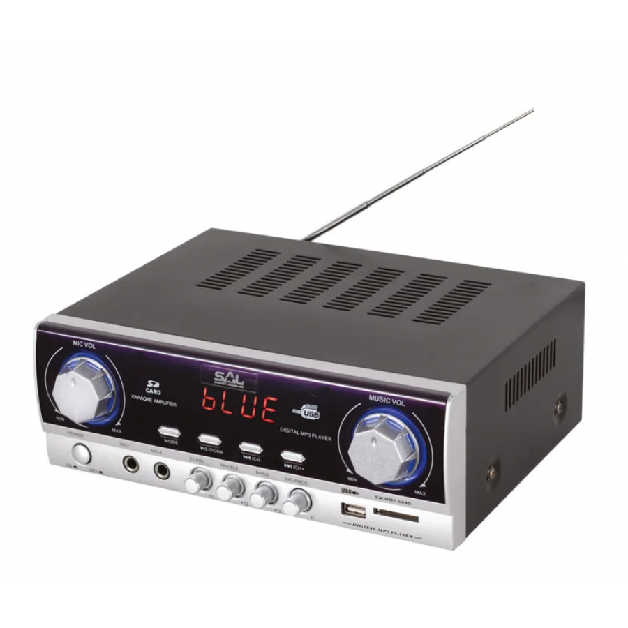 Amplificator Home , cu multimedia, 2x120 W, Bluetooth, USB, SD card slot, radio FM, 2 x intrare microfon, 2 x intrare audio RCA stereo, egalizator, potentiometru, negru + argintiu, telecomanda