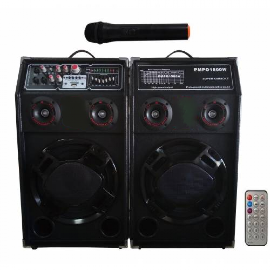 Set Boxe Profesionale Klausstech Cu Microfon Wireless Inclus , Telecomanda , Conectare Usb , Conectare Prin Functia Bluetooth  , Sd Card ,  Joc De Lumini , Intrare Aux  , Ecran Led , Negru