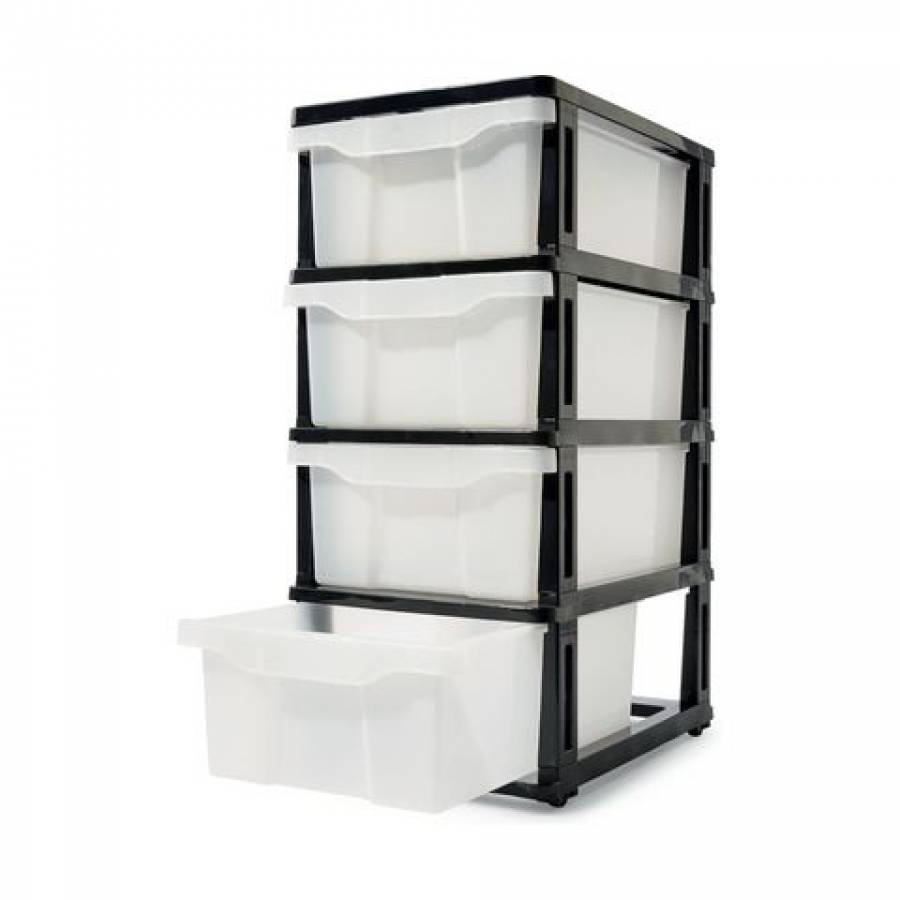 Dulap pentru depozitare KlaussTech, din plastic cu 4 sertare si roti, alb-negru