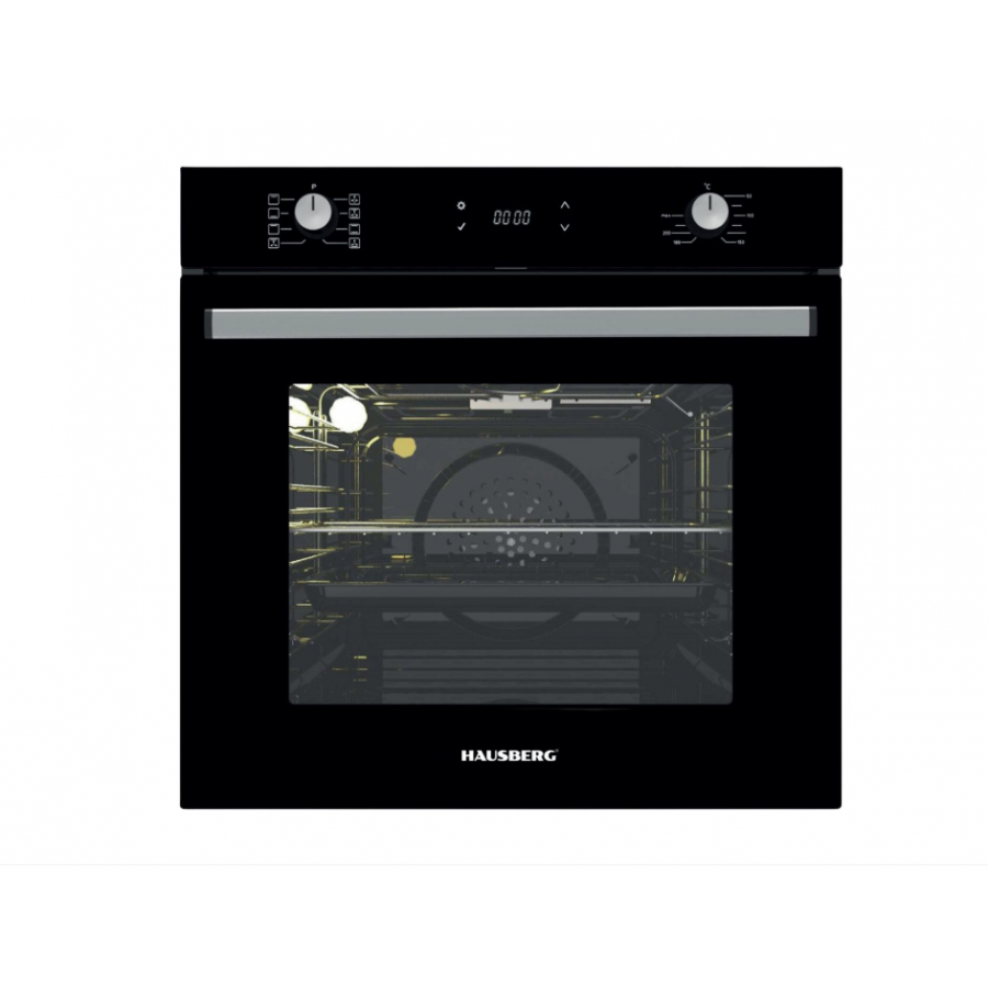 Cuptor electric incorporabil Hausberg, Clasa A, volum 71L, putere 2225W, panou sticla termoizolant, termostat, timer, 8 functii, ventilatie, Negru