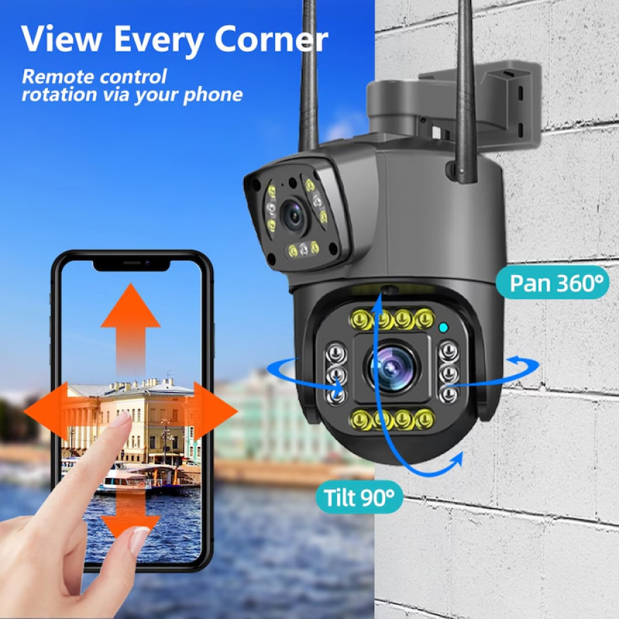 Camera de Supraveghere, IP, Wi-fi, Dubla, Inteligenta 360, 8MP, 4K, 1080 P, Zoom Optic 10X, Detectie Miscare, Night Vision, Alerta Miscare, Stocare Card/Cloud, Rezistenta la Apa