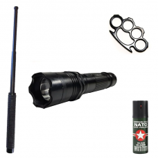 KIT autoaparare (2in1 Electrosoc+Lanterna ) Baston telescopic Police 50 cm + Spray Nato Paralizant + Box metalic Negru KlaussTech