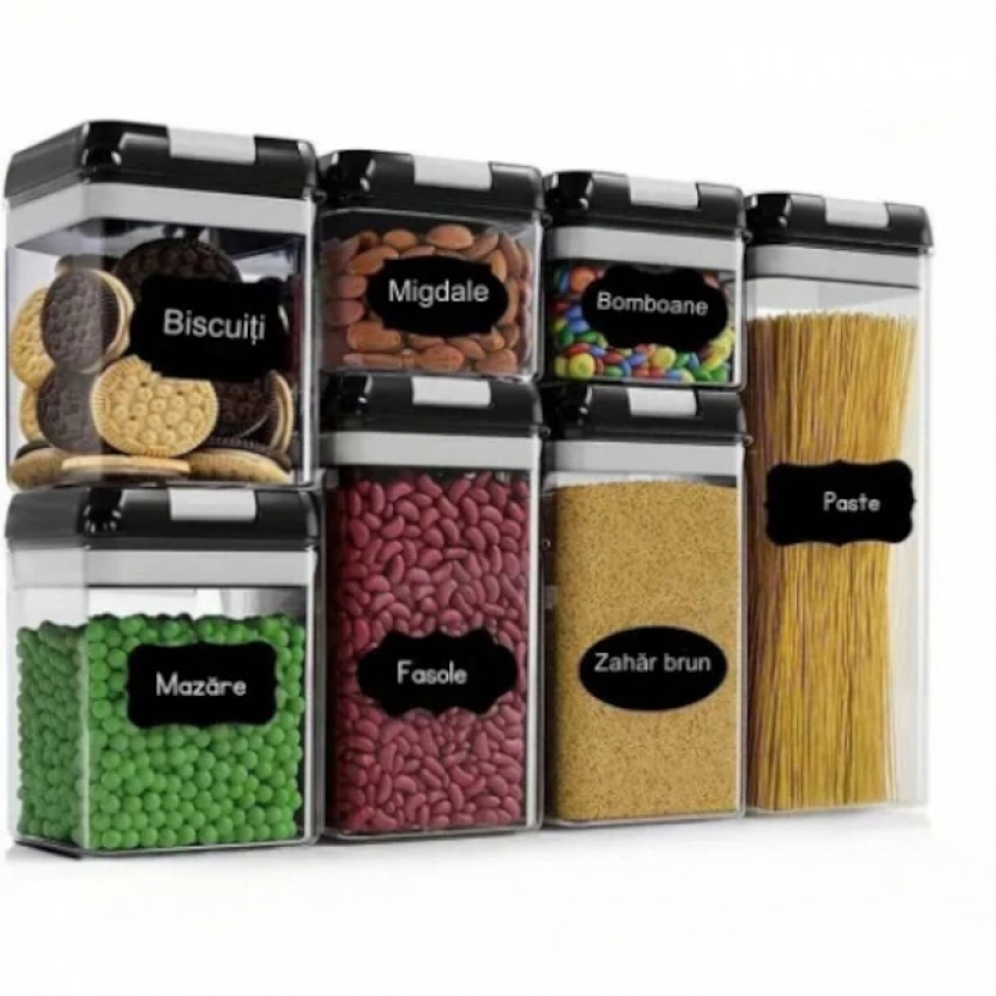 Set 7 recipiente depozitare alimentara din plastic, inchidere etansa– Negru & Transparent
