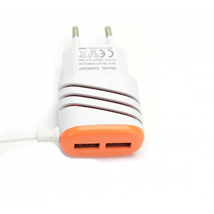 Încărcător pentru telefon mobil cu 2 porturi USB, alb\portocaliu