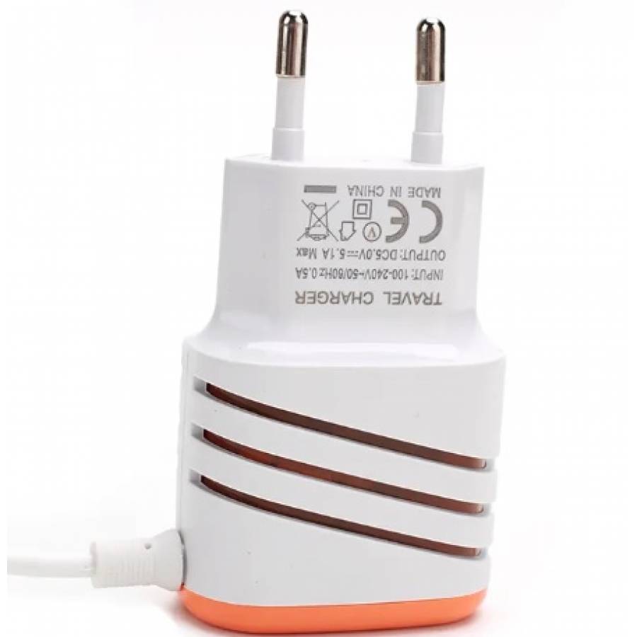 Încărcător pentru telefon mobil cu 2 porturi USB, alb\portocaliu