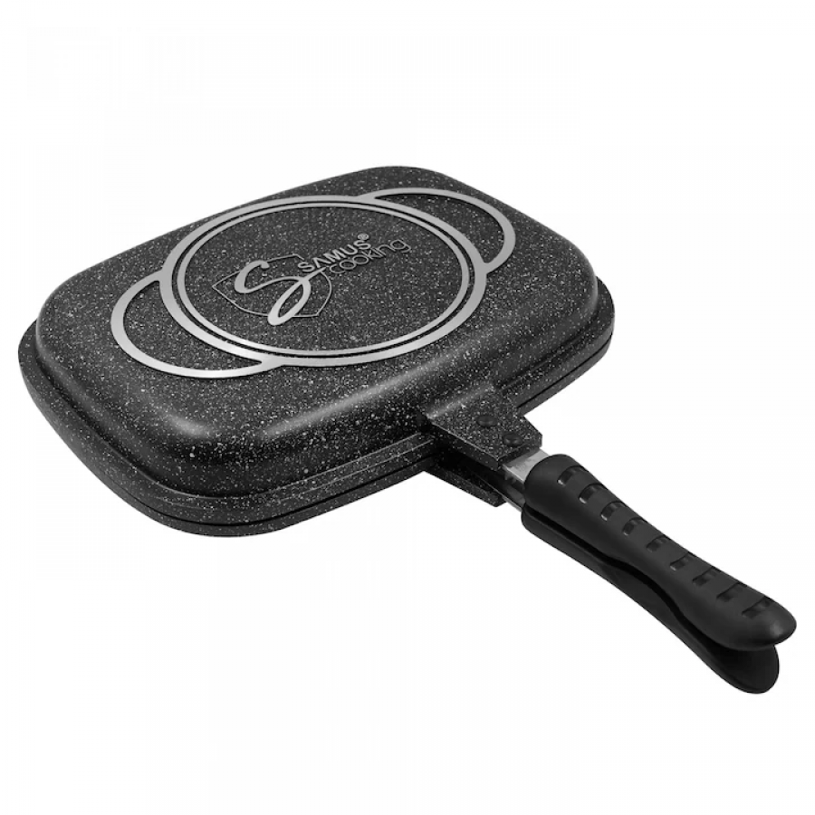 Tigaie grill dublu Samus, dreptunghiulara, aluminiu turnat, garnitura, 32 x 25 x 7 cm, Negru