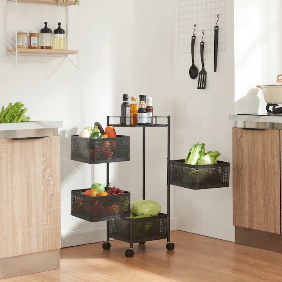Organizator KlaussTech servire la masa, 78 x 25 x 25 cm, otel, negru, cu 4 cosuri