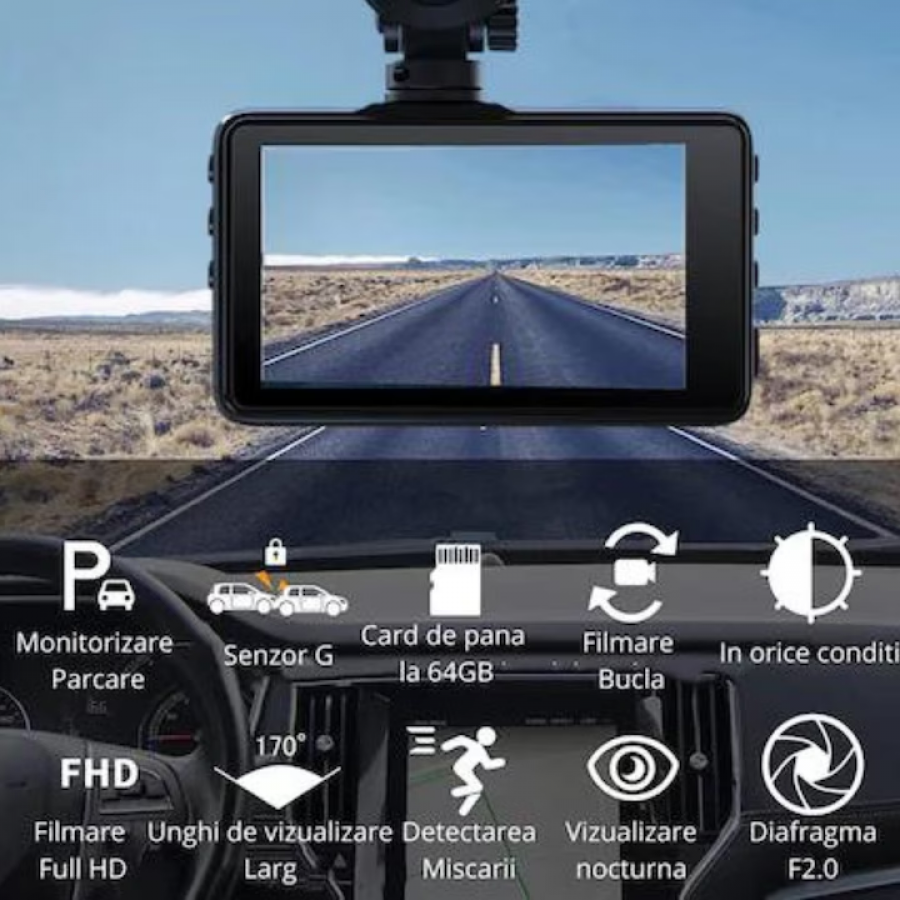 Set - Camera auto dubla Full HD Klausstech cu Ecran LCD, Rezolutie de 1080p.