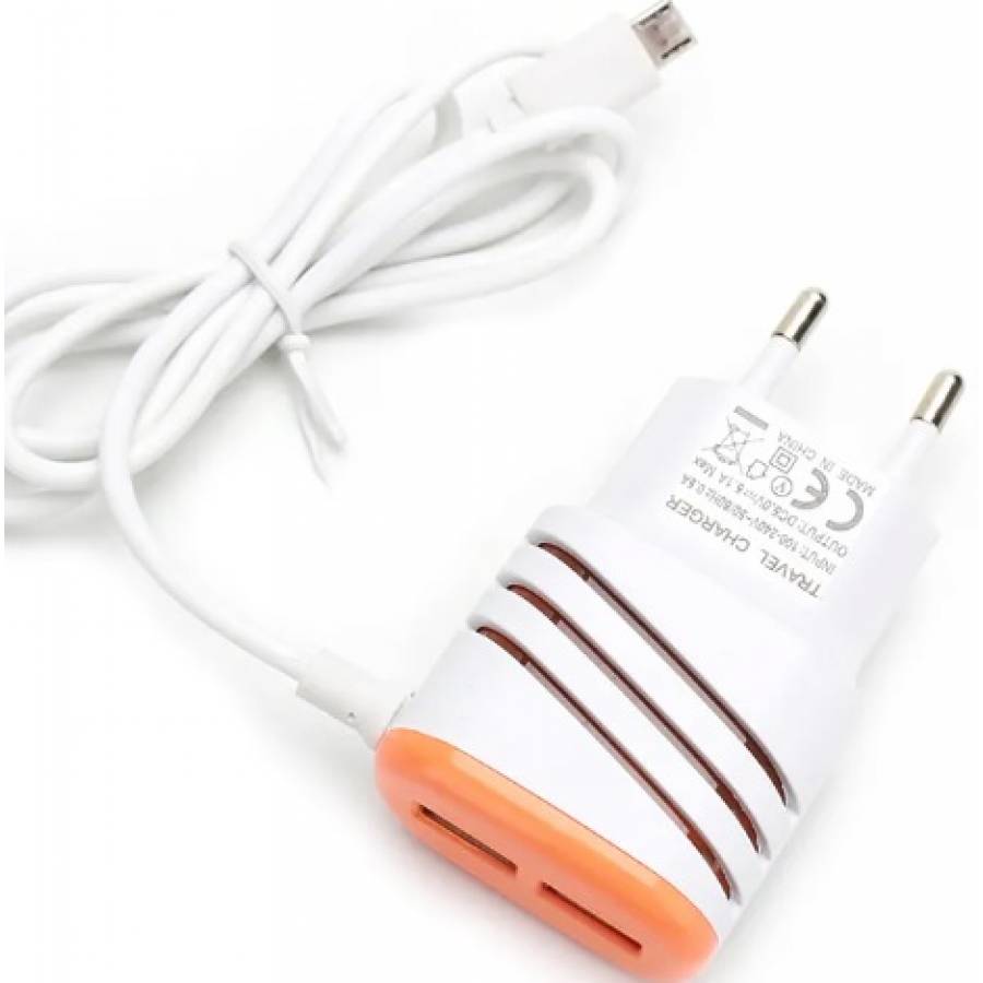 Încărcător pentru telefon mobil cu 2 porturi USB, alb\portocaliu