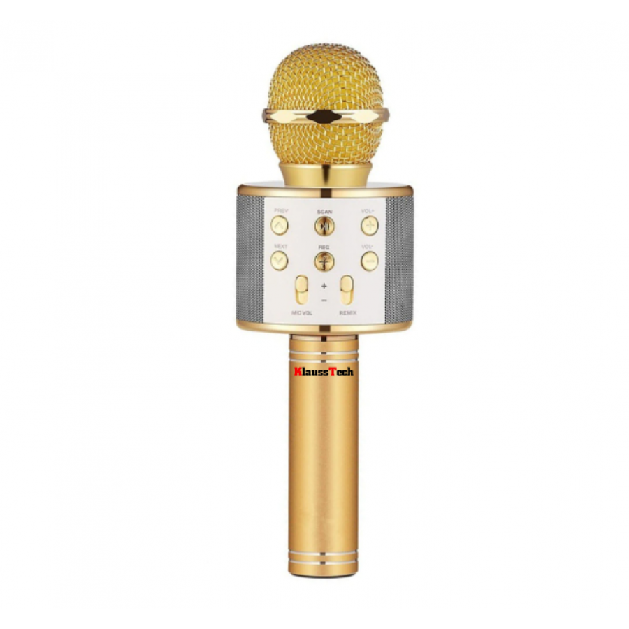 Microfon Karaoke KlaussTech, Bluetooth, Ajustabil, Putere 5W, Auriu