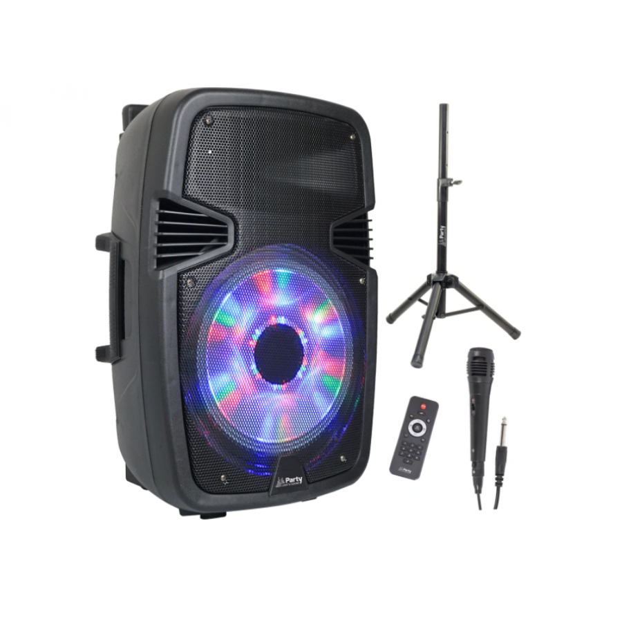 Boxa Profesionala Activa Party, 800w, 15 Inch/38 Cm, Iluminata Led Cu Bluetooth, Usb, Sd, Radio Fm + Stativ + Microfon Cu Fir Si Telecomanda