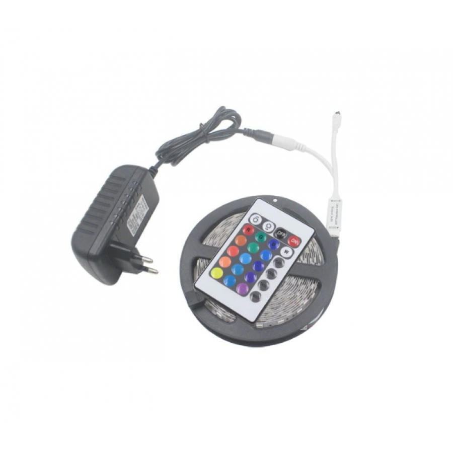 Kit Banda LED RGB, KlaussTech, Telecomanda si Transformator Incluse, Lungime Banda 5 m, 12v, 2A, 24W, Gri