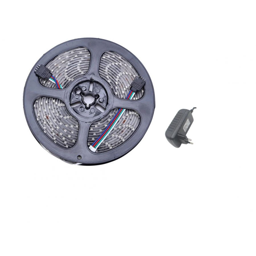 Kit Banda LED RGB, KlaussTech, Telecomanda si Transformator Incluse, Lungime Banda 5 m, 12v, 2A, 24W, Gri