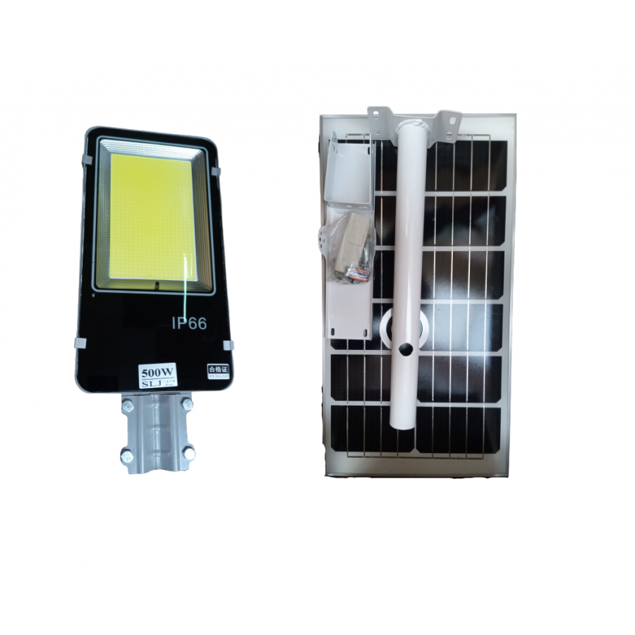 Lampa Solara Stradala, KlaussTech, Putere 500W, COB, Suport Inclus, Panou Solar,  Telecomanda, Negru