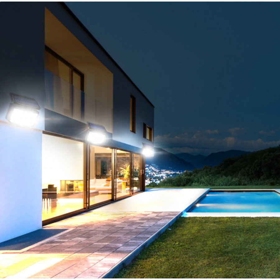 Lampa Solara KlaussTech, De Exterior, Telecomanda, 5 Celule, 168 LED-uri, Senzor de Miscare, Negru