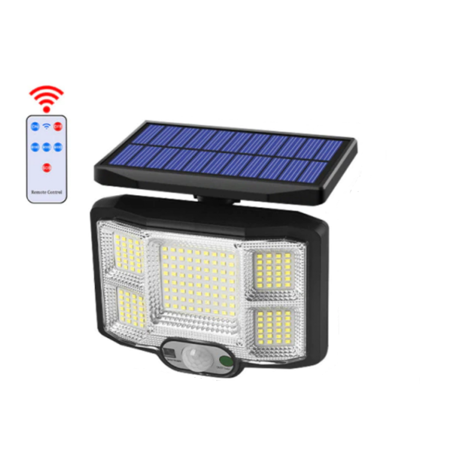 Lampa Solara KlaussTech, De Exterior, Telecomanda, 5 Celule, 168 LED-uri, Senzor de Miscare, Negru