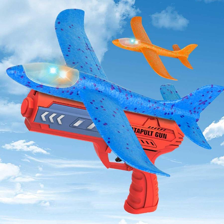 Jucarie Lansator de Avioane, KlaussTech, Tip Pistol, Pana la 6-10 m, Polistiren, Albastru/Rosu