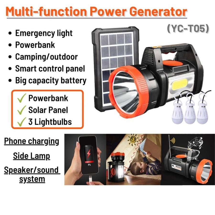 Lanterna, KlaussTech, Lumina 180°, Incarcare Solara, Multifunctionala, Functie Power-bank, Waterproof, Negru