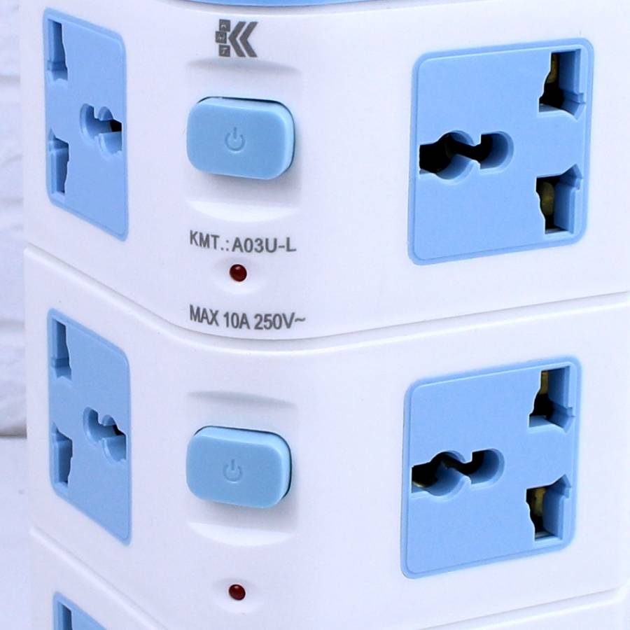 Prelungitor Cu 12 Prize, KlaussTech,  Lungime De 3m, ON/OFF, Led Indicator, Alb/Albastru