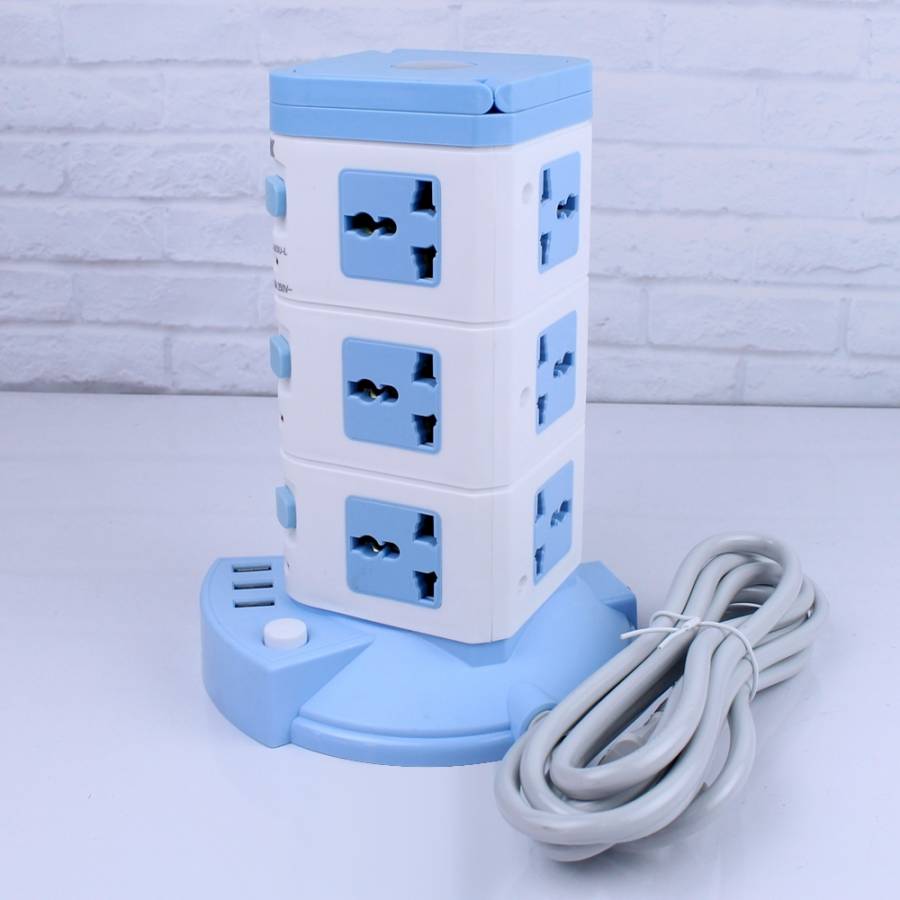 Prelungitor Cu 12 Prize, KlaussTech,  Lungime De 3m, ON/OFF, Led Indicator, Alb/Albastru