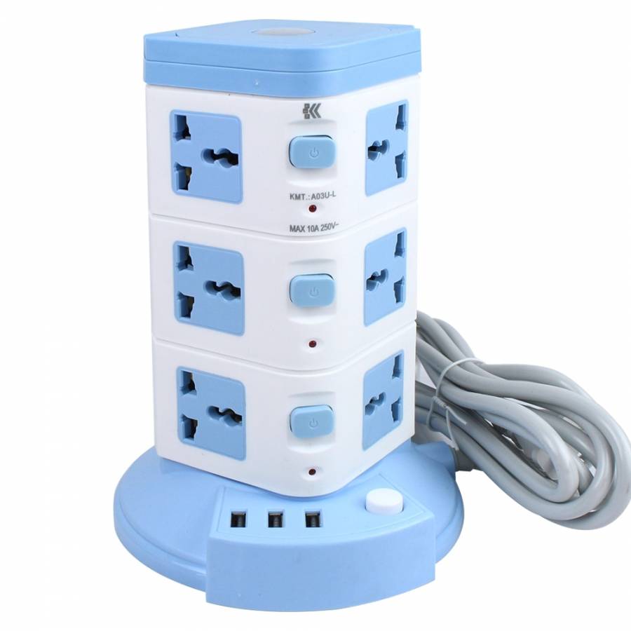 Prelungitor Cu 12 Prize, KlaussTech,  Lungime De 3m, ON/OFF, Led Indicator, Alb/Albastru