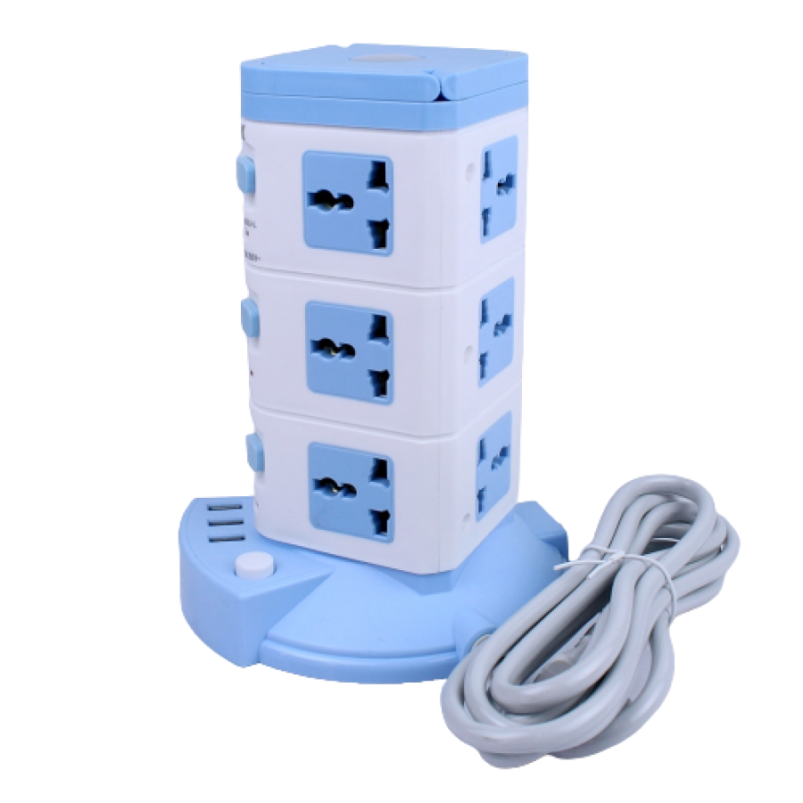 Prelungitor Cu 12 Prize, KlaussTech,  Lungime De 3m, ON/OFF, Led Indicator, Alb/Albastru