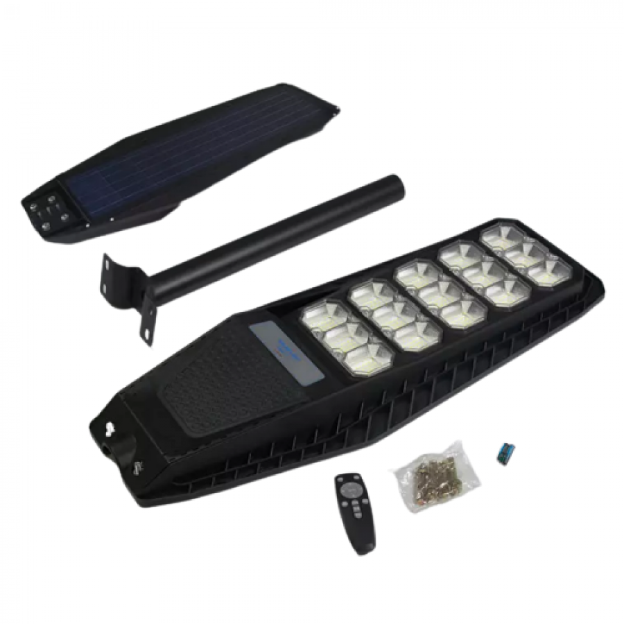 Lampa Solara Stradala KlaussTech, Telecomanda, Incarcare Solara, Putere 300W, 2400 Lumeni, Negru