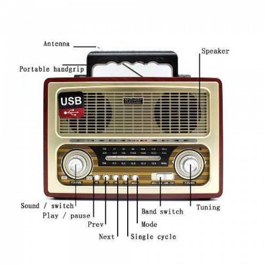 Radio Portabil, Putere 6W, FM/AM/SW1-2, Antena Retractabila, MP3 Player,  AUX, USB, SD, microSD, Retro