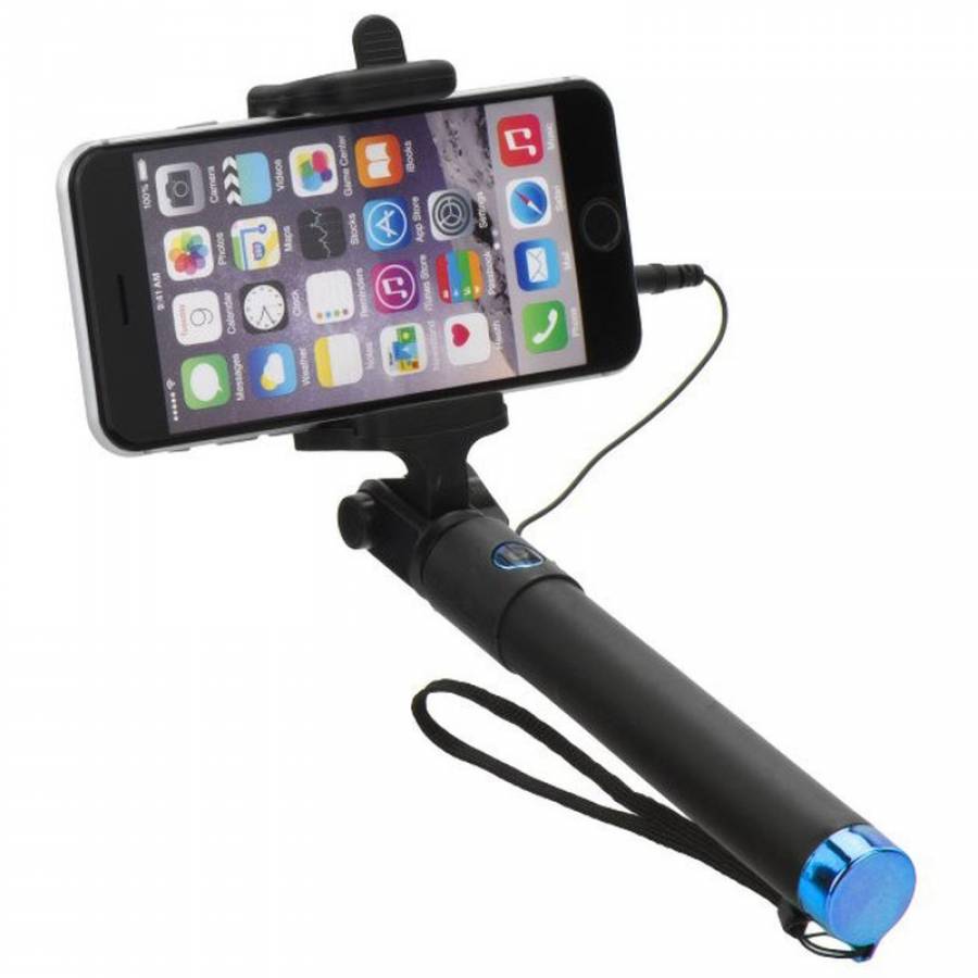 Selfie Stick KlaussTech, Conectare prin Jack de 3.5 mm, Extensibil, Lungime 75 cm, Negru/Albastru