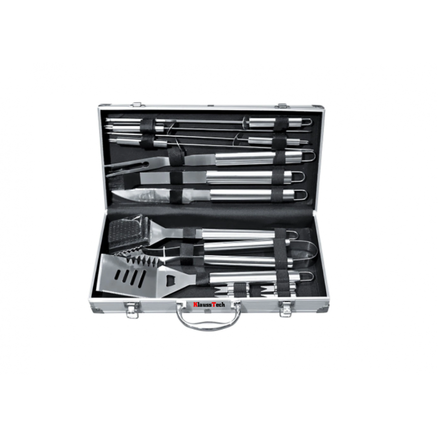 Set de 14 Ustensile pentru Gratar, KlaussTech, Inox, Greutate Redusa, Argintiu