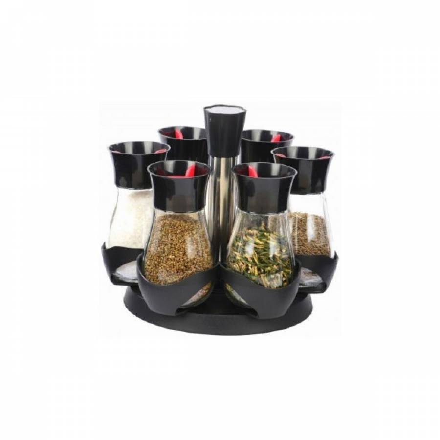 Set de 6 Recipiente pentru Condimente, Suport din Plastic, Rotativ, Recipiente din Sticla, Negru/Transparent