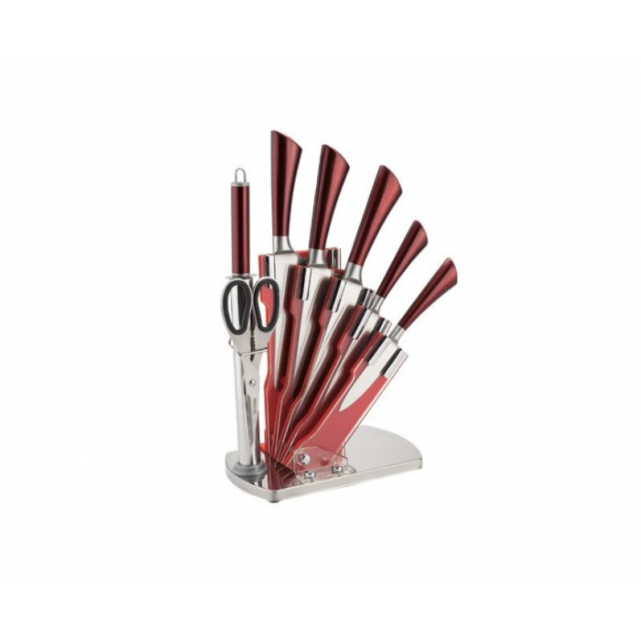 Set de 8 Cutite Klausstech, Manere Ergonomice, Lame Ascutite Inox, Argintiu/Rosu