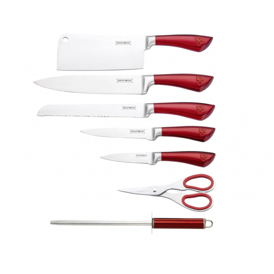 Set de 8 Cutite Klausstech, Manere Ergonomice, Lame Ascutite Inox, Argintiu/Rosu