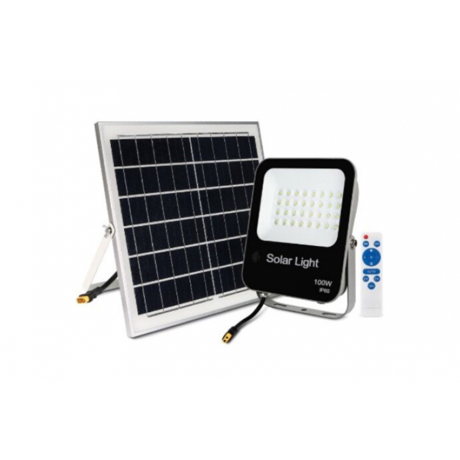 Proiector Cu Panou Solar,  KlaussTech, Putere 100w, Lumina Rece, 14000 Lumeni, Negru