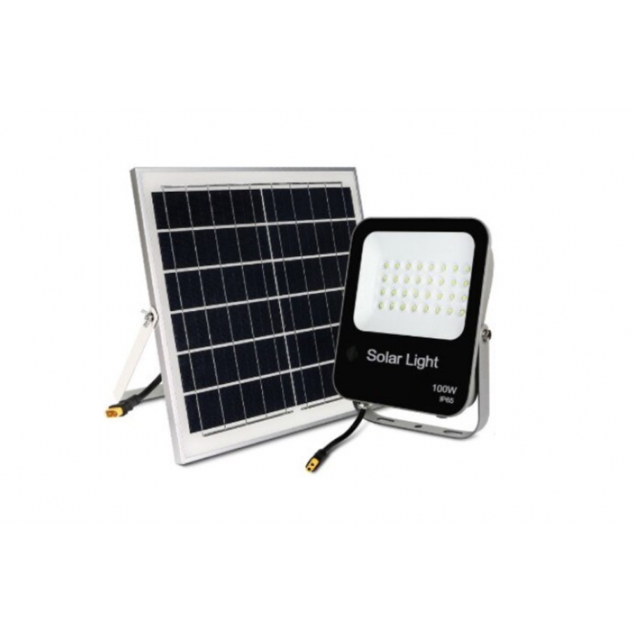 Proiector Cu Panou Solar,  KlaussTech, Putere 100w, Lumina Rece, 14000 Lumeni, Negru