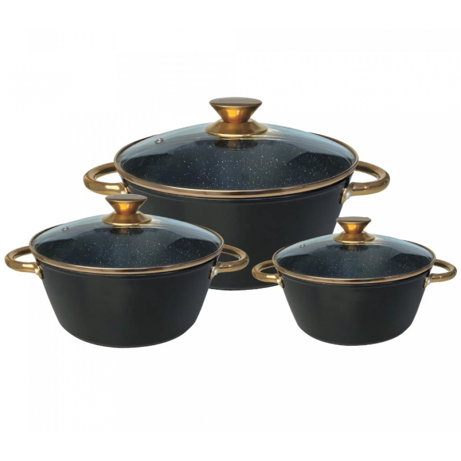 Set de 3 Oale cu Capac, Diametru 20/24/28 cm, Suporta Inductie, Interior Marmorat, Maner Ergonomic, Capac din Sticla Securizata, Negru