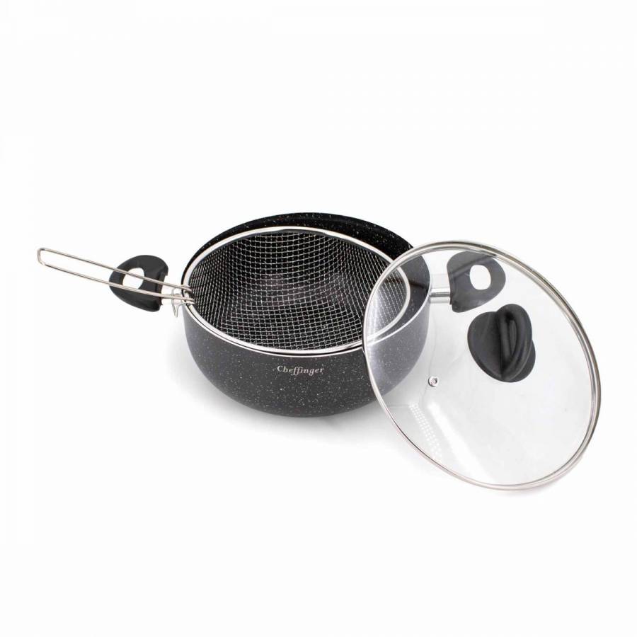 Tigaie pentru Gatit, Diametru 24 cm, Interior Marmorat, Accesorii Incluse, Manere Rezistente, Negru