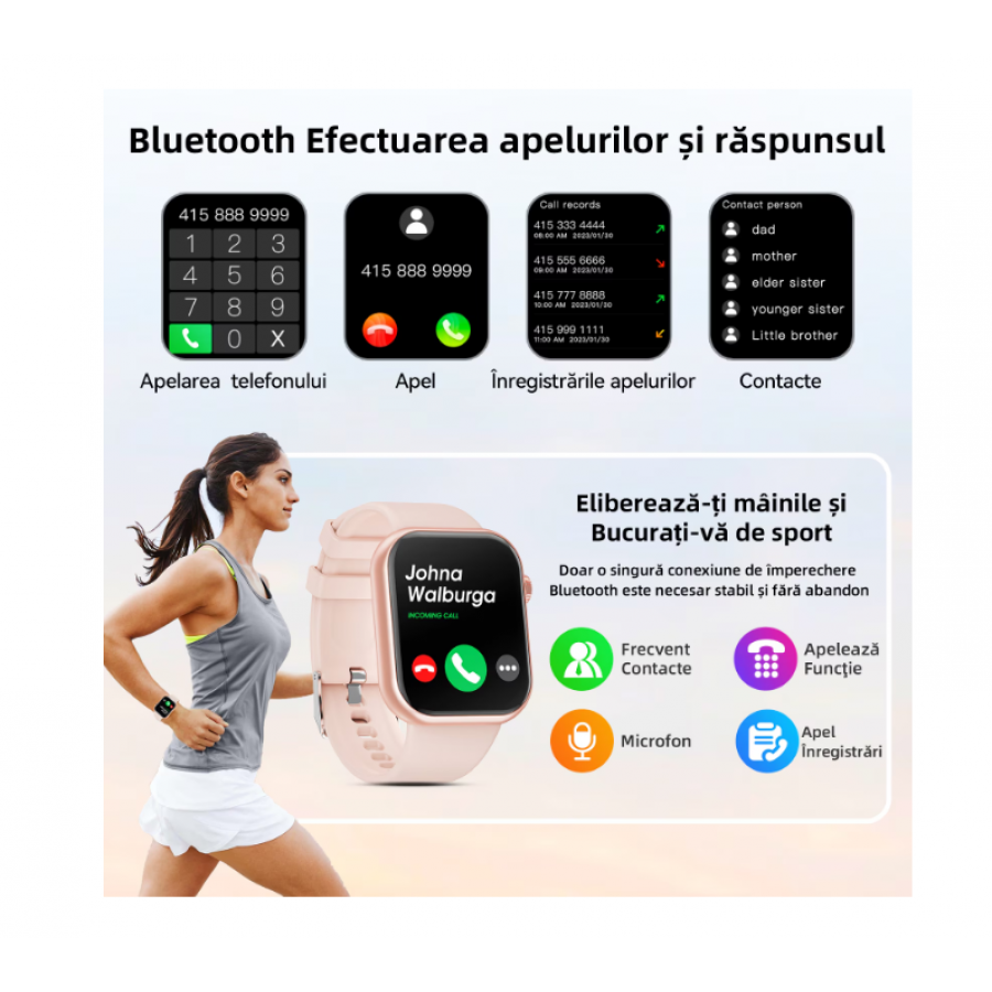 Smartwatch, Monitorizeaza Functiile Cardiace, Conectare la Telefon, Aplicatie Destinata Ceasului, Multiple Functii, Usor de Conectat, Rose