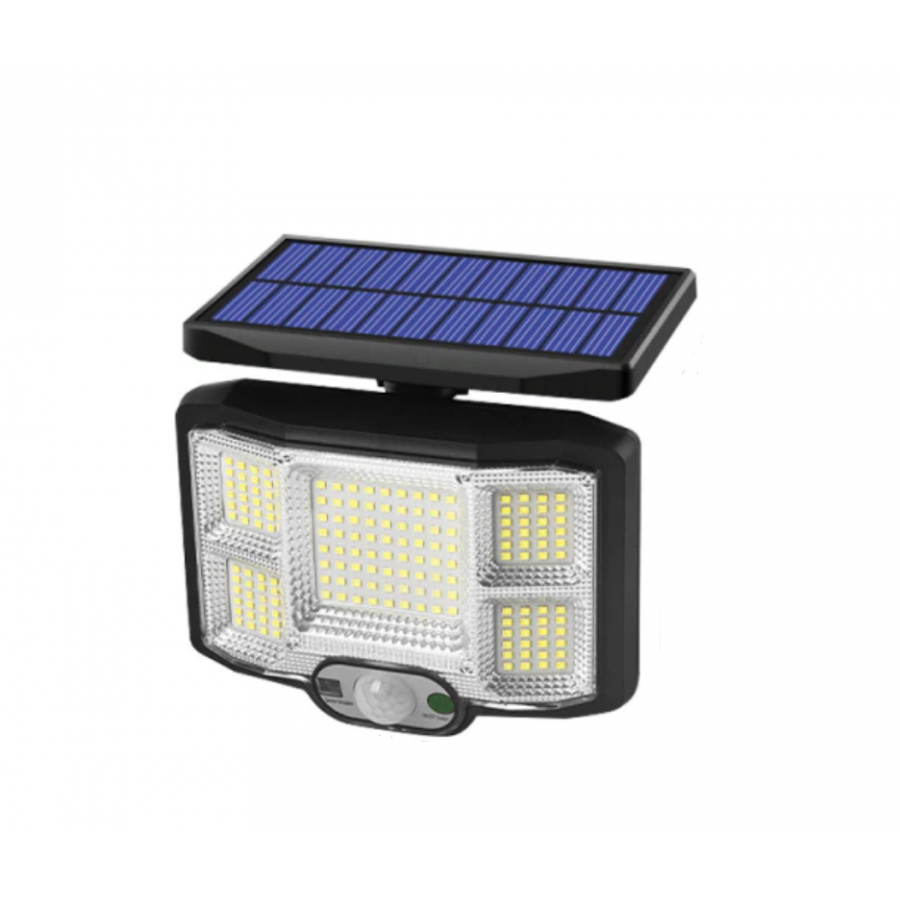 Lampa Solara KlaussTech, De Exterior, Telecomanda, 5 Celule, 168 LED-uri, Senzor de Miscare, Negru