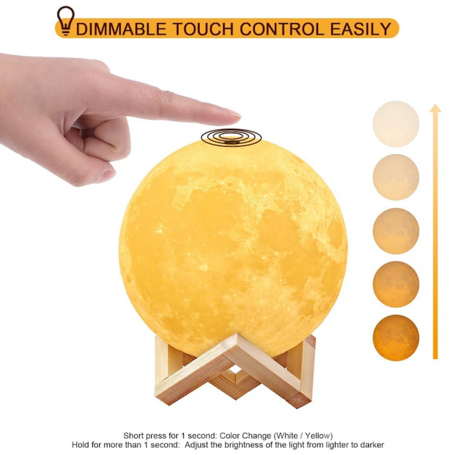 Lampa Klausstech Luna Edar®, 15 Cm, Portabila, Stand Lemn Inclus, Alb Cald Si Rece, Cu Intensitate Reglabila, Reincarcabila