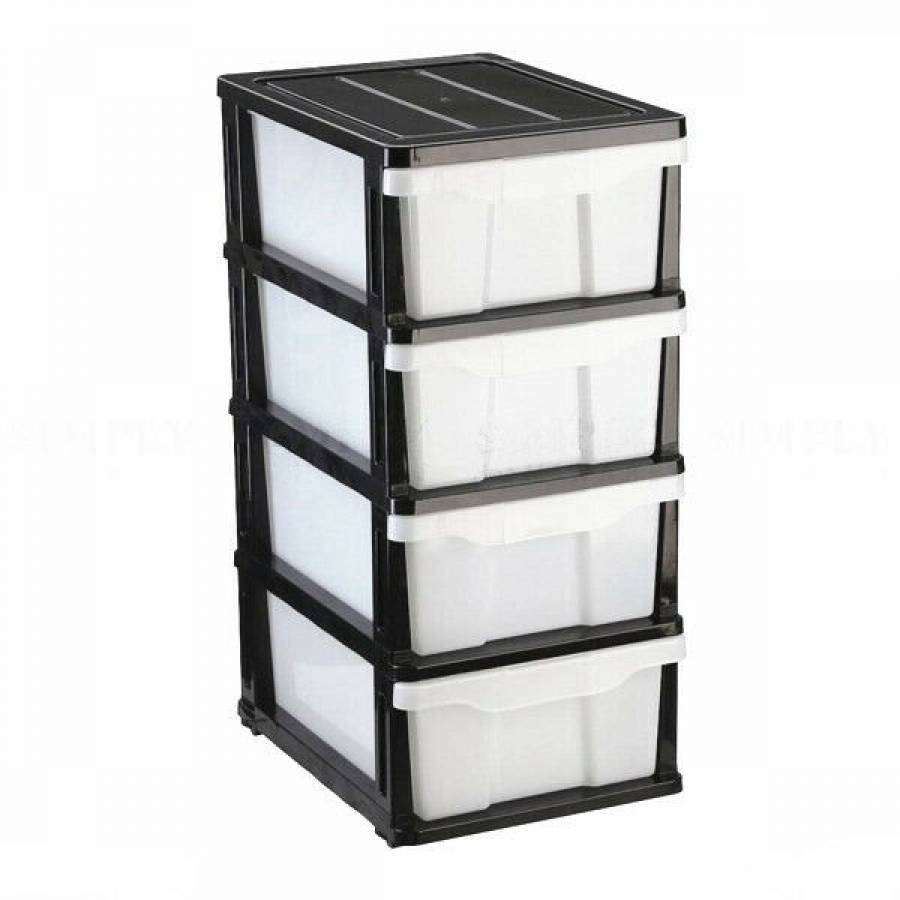Dulap pentru depozitare KlaussTech, din plastic cu 4 sertare si roti, alb-negru