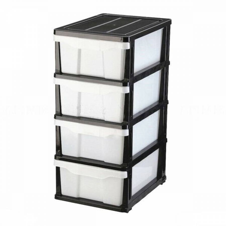 Dulap pentru depozitare KlaussTech, din plastic cu 4 sertare si roti, alb-negru