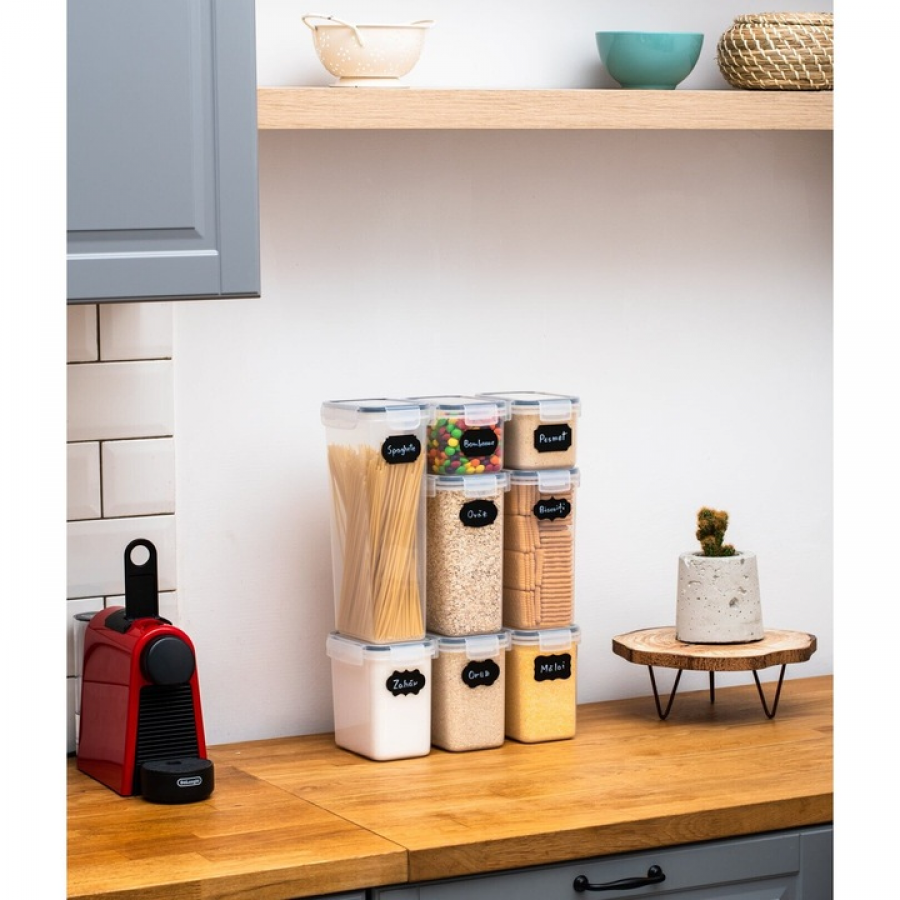 Set 7 recipiente depozitare alimentara din plastic, inchidere etansa– Negru & Transparent