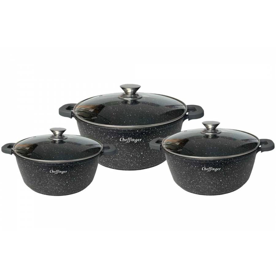 Set de 3 Oale cu Capac, Diametru 32/36/40 cm, Inductie, Interior Marmorat, Manere din Silicon, Capac, Negru
