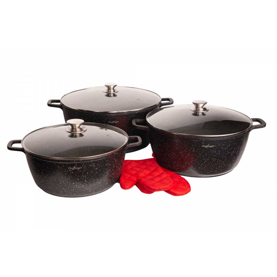 Set de 3 Oale cu Capac, Diametru 32/36/40 cm, Inductie, Interior Marmorat, Manere din Silicon, Capac, Negru