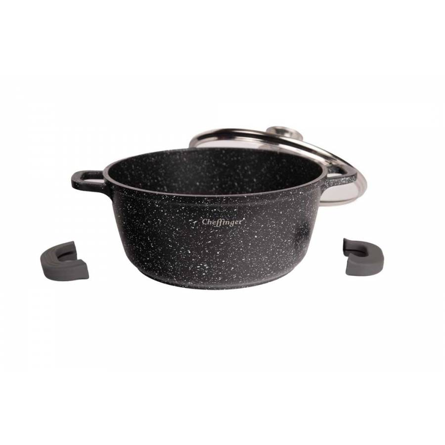 Set de 3 Oale cu Capac, Diametru 32/36/40 cm, Inductie, Interior Marmorat, Manere din Silicon, Capac, Negru