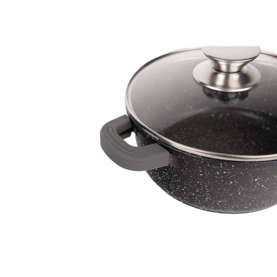 Set de 3 Oale cu Capac, Diametru 32/36/40 cm, Inductie, Interior Marmorat, Manere din Silicon, Capac, Negru